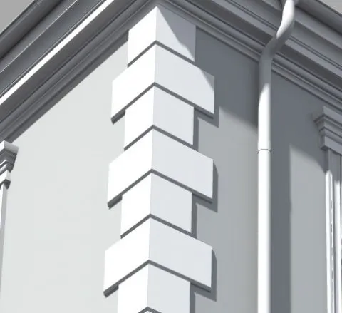 Fragment elewacji z lamelami elewacyjnymi oraz detalami architektonicznymi