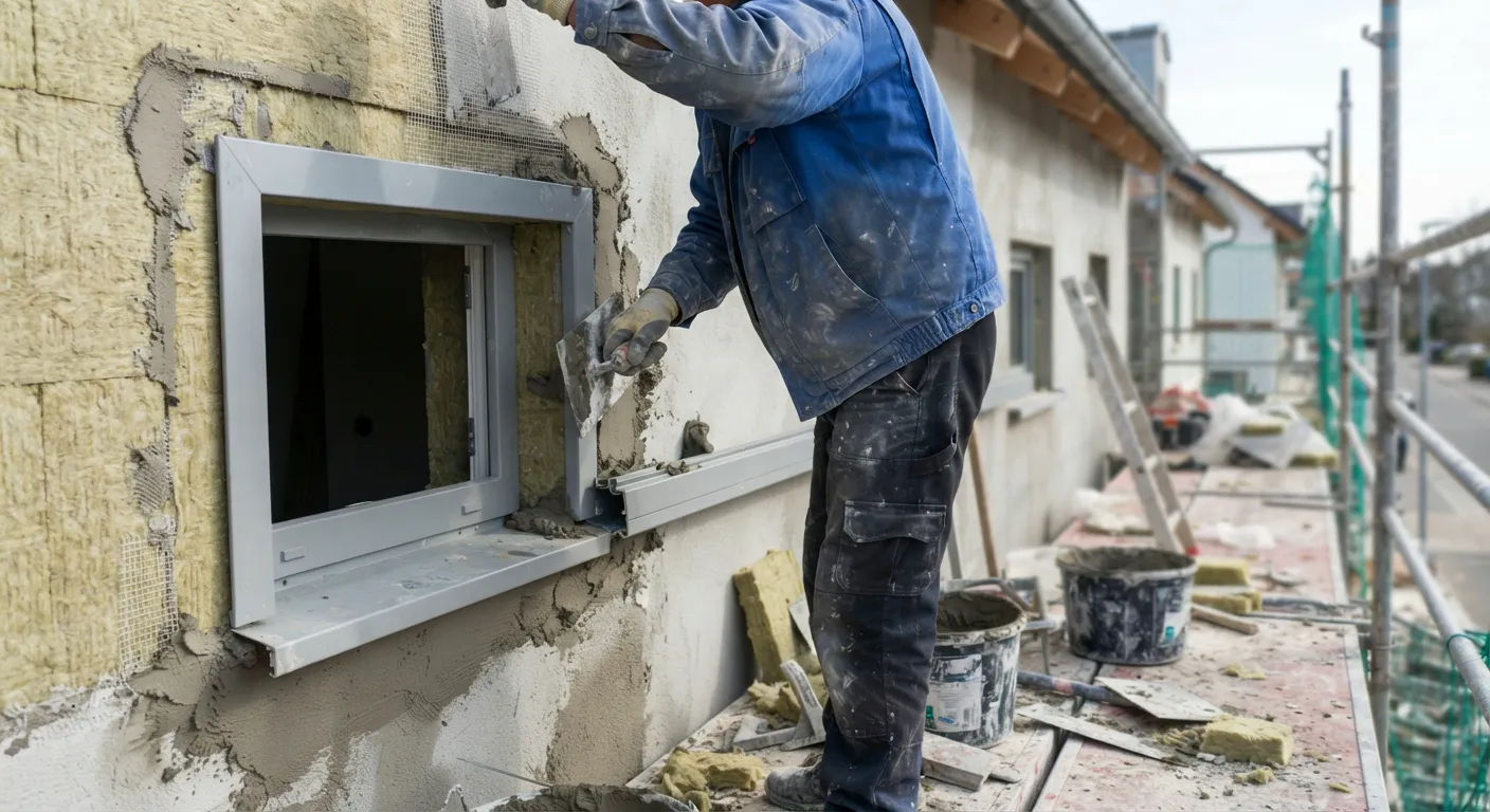 Pracownik firmy Depol wykonuje ocieplenie elewacji budynku, stosując materiały termoizolacyjne