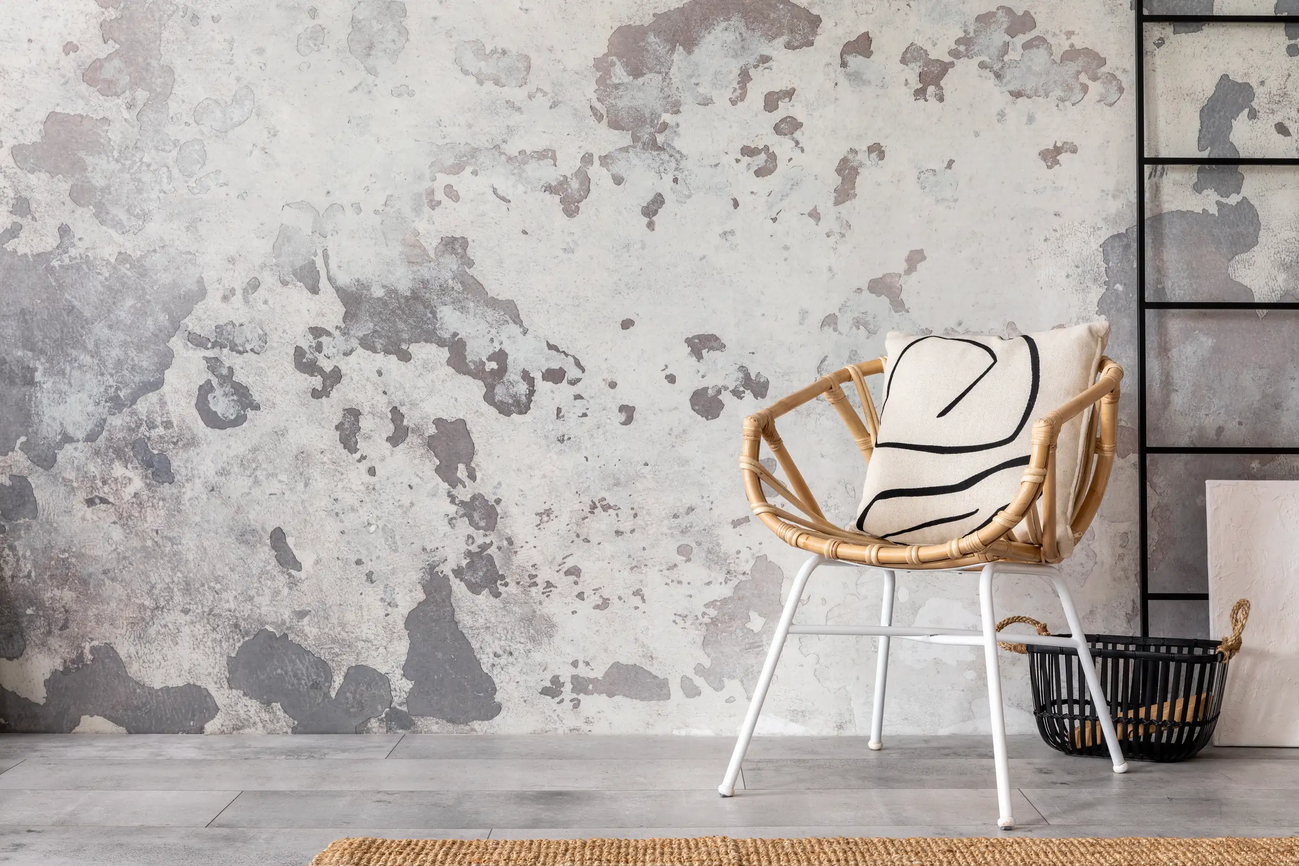 Stylowy fotel na tle modernistycznej elewacji z tynkiem architektonicznym